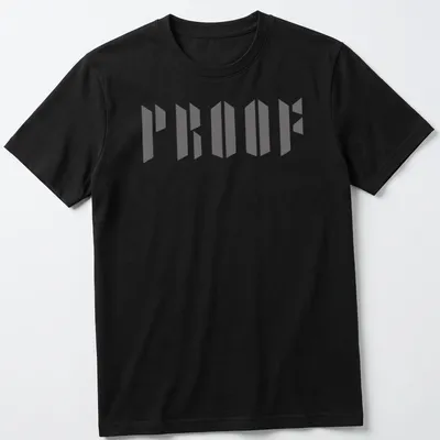 Bold gray typography shirt with the word PROOF in geometric design
