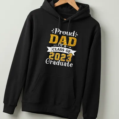 Glittery gold lettering on white T-shirt announcing Proud Dad of Class of 2023 — printed on a unisex hoodie