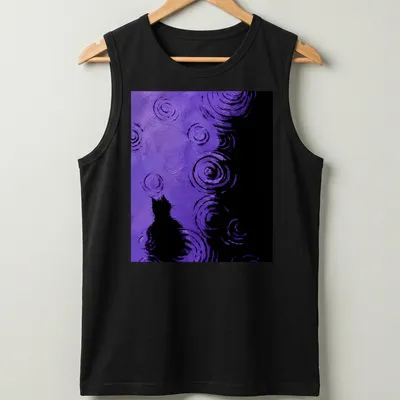Whimsical illustration of a purple cat surrounded by abstract swirling patterns in purple and black — printed on a tank top