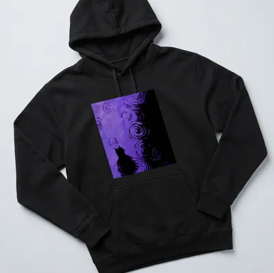 Whimsical illustration of a purple cat surrounded by abstract swirling patterns in purple and black — printed on a unisex hoodie
