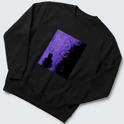 Whimsical illustration of a purple cat surrounded by abstract swirling patterns in purple and black — printed on a unisex sweatshirt
