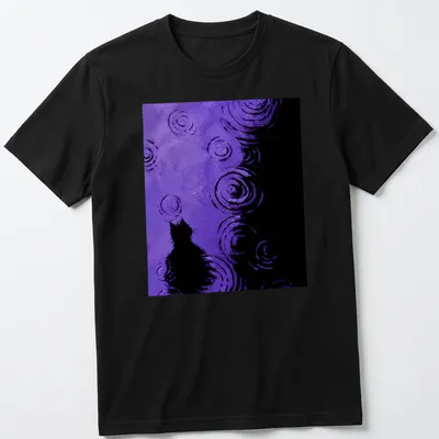 Whimsical illustration of a purple cat surrounded by abstract swirling patterns in purple and black