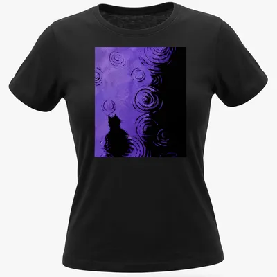 Whimsical illustration of a purple cat surrounded by abstract swirling patterns in purple and black — printed on a women's shirt