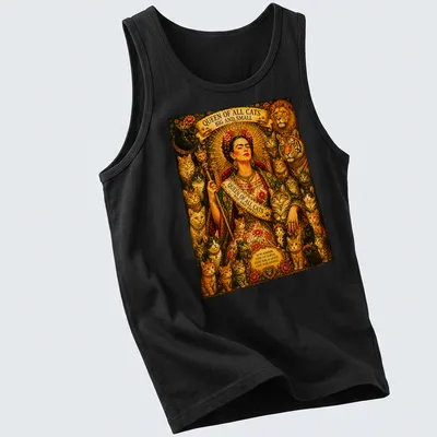 Frida Kahlo surrounded by cats with ornate text about cat royalty — printed on a tank top