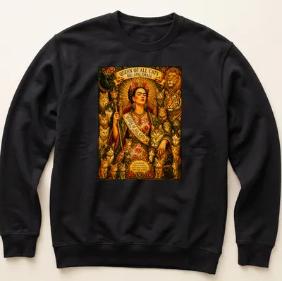 Frida Kahlo surrounded by cats with ornate text about cat royalty — printed on a unisex sweatshirt