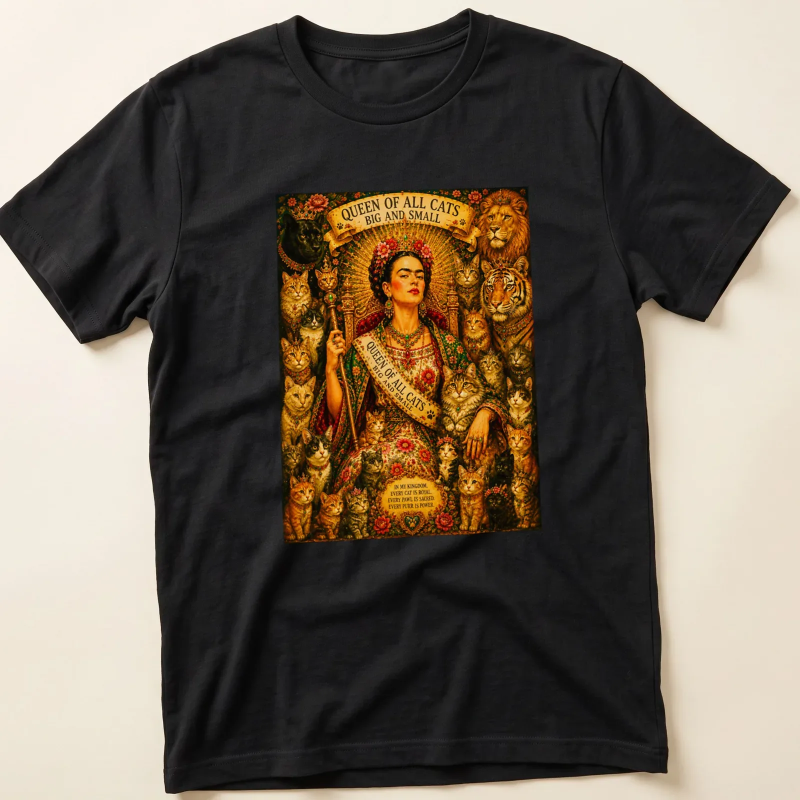 Frida Kahlo surrounded by cats with ornate text about cat royalty — printed on a unisex t-shirt