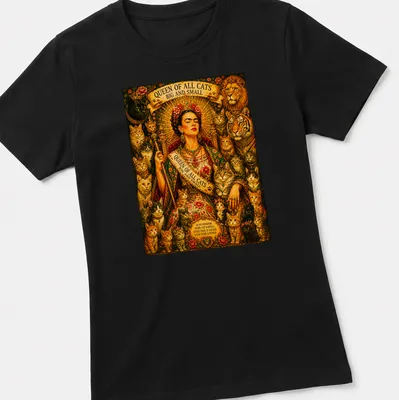 Frida Kahlo surrounded by cats with ornate text about cat royalty — printed on a women's shirt