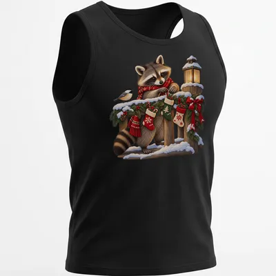 Realistic illustration of a raccoon decorating Christmas stockings in festive colors — printed on a tank top