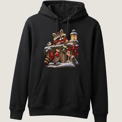 Realistic illustration of a raccoon decorating Christmas stockings in festive colors — printed on a unisex hoodie