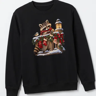 Realistic illustration of a raccoon decorating Christmas stockings in festive colors — printed on a unisex sweatshirt