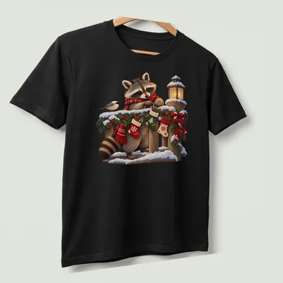 Realistic illustration of a raccoon decorating Christmas stockings in festive colors — printed on a unisex t-shirt (angled view)