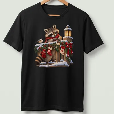 Realistic illustration of a raccoon decorating Christmas stockings in festive colors
