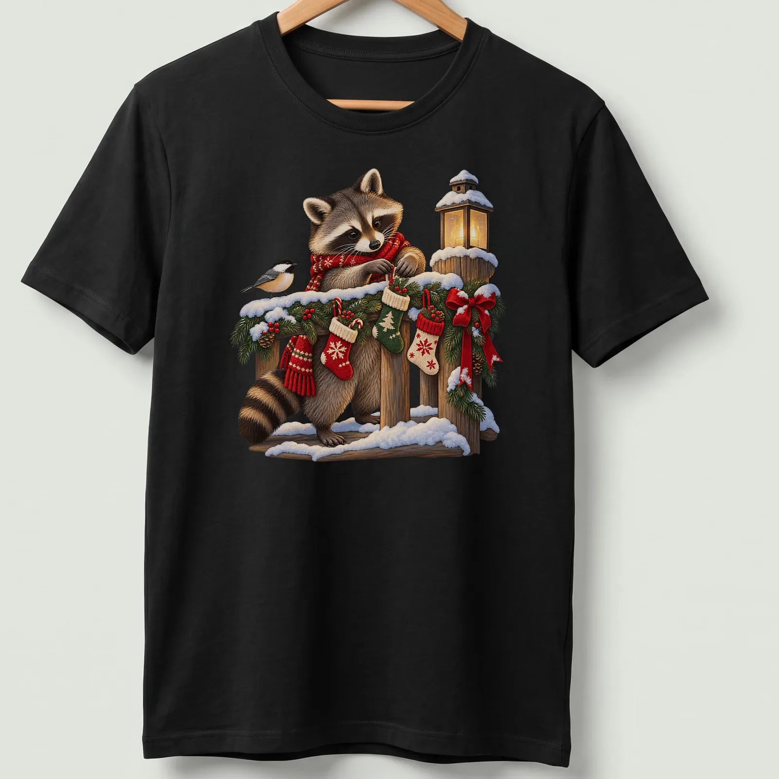 Realistic illustration of a raccoon decorating Christmas stockings in festive colors — printed on a unisex t-shirt