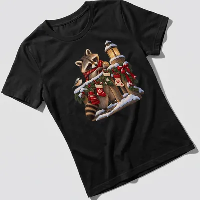 Realistic illustration of a raccoon decorating Christmas stockings in festive colors — printed on a women's shirt
