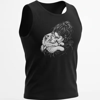 Illustration of a Ragamuffin cat cuddling with a girl in light gray and white — printed on a tank top