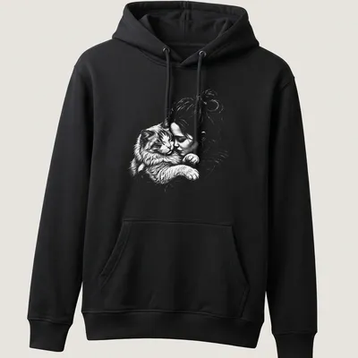Illustration of a Ragamuffin cat cuddling with a girl in light gray and white — printed on a unisex hoodie