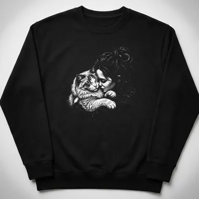 Illustration of a Ragamuffin cat cuddling with a girl in light gray and white — printed on a unisex sweatshirt
