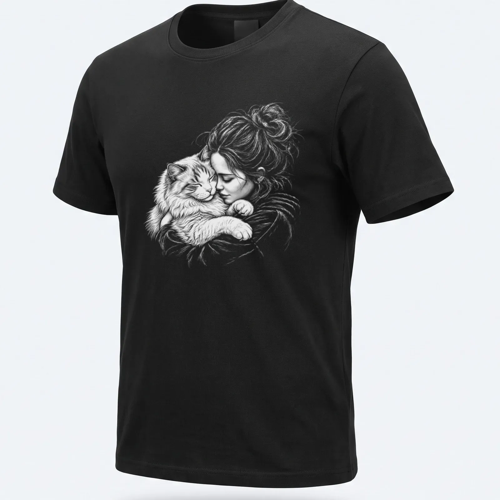 Illustration of a Ragamuffin cat cuddling with a girl in light gray and white — printed on a unisex t-shirt