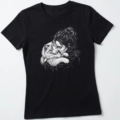 Illustration of a Ragamuffin cat cuddling with a girl in light gray and white — printed on a women's shirt