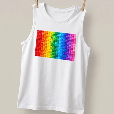Abstract mosaic design of colorful building blocks in gradient hues — printed on a tank top