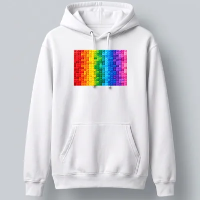 Abstract mosaic design of colorful building blocks in gradient hues — printed on a unisex hoodie