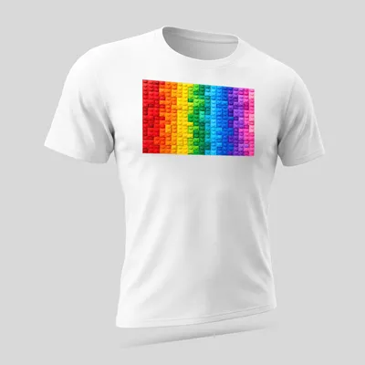Abstract mosaic design of colorful building blocks in gradient hues — printed on a unisex t-shirt (angled view)