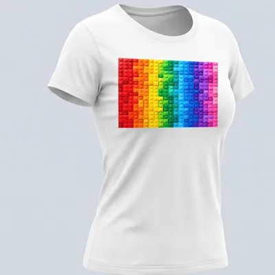 Abstract mosaic design of colorful building blocks in gradient hues — printed on a women's shirt