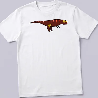 Minimalist red geometric Tyrannosaurus illustration on a t-shirt.