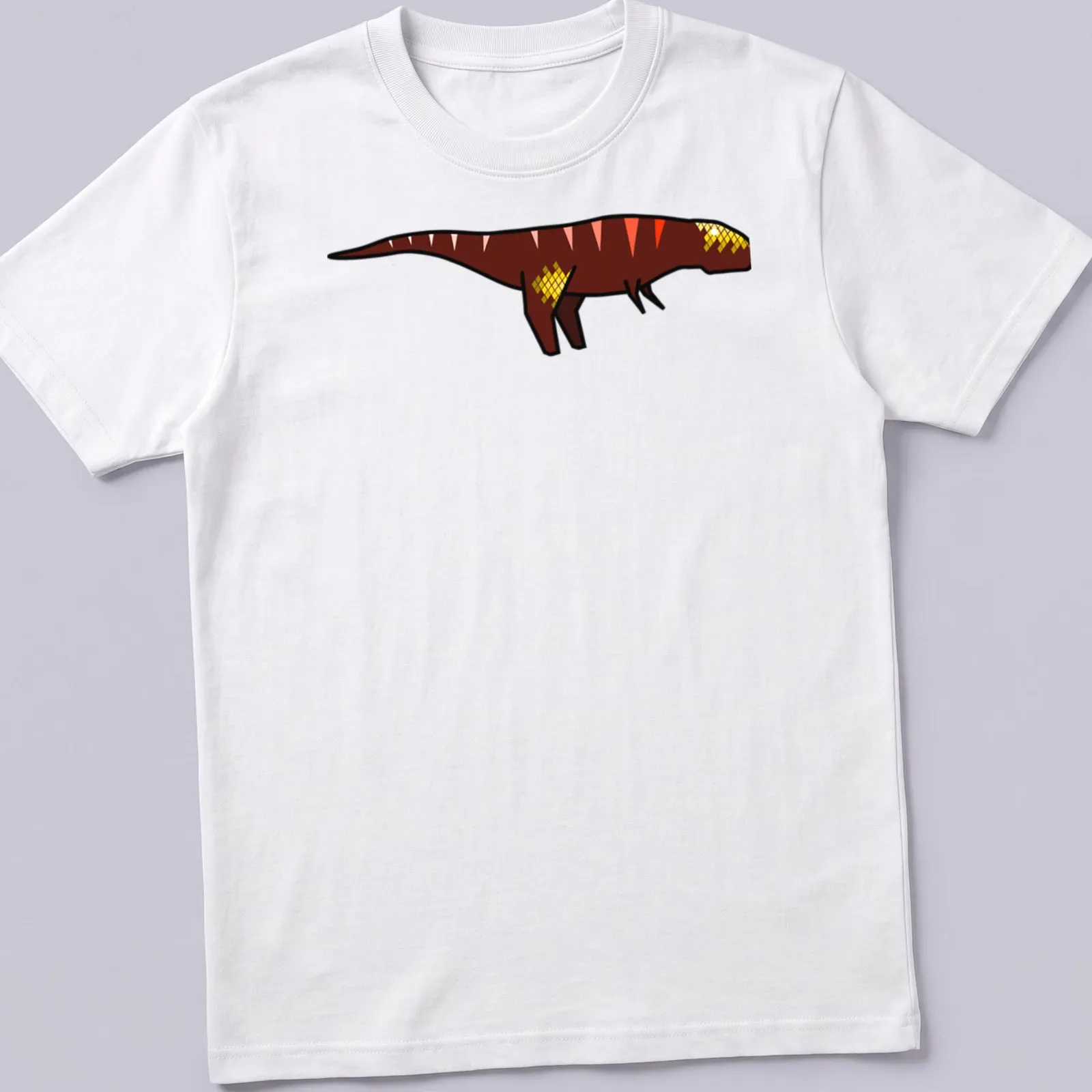 Minimalist red geometric Tyrannosaurus illustration on a t-shirt. — printed on a unisex t-shirt