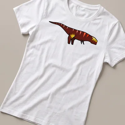 Minimalist red geometric Tyrannosaurus illustration on a t-shirt. — printed on a women's shirt