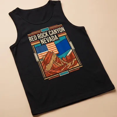 Retro graphic t-shirt featuring the Red Rock Canyon Nevada flag design — printed on a tank top
