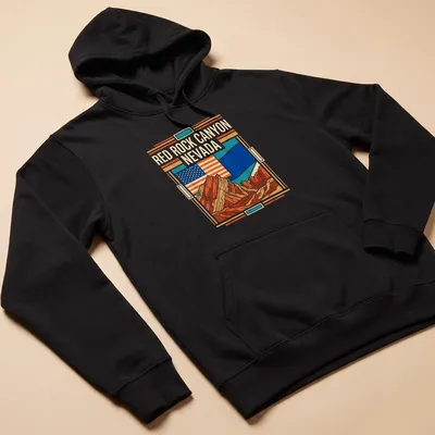 Retro graphic t-shirt featuring the Red Rock Canyon Nevada flag design — printed on a unisex hoodie