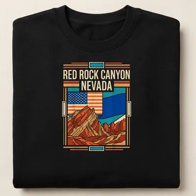 Retro graphic t-shirt featuring the Red Rock Canyon Nevada flag design — printed on a unisex sweatshirt
