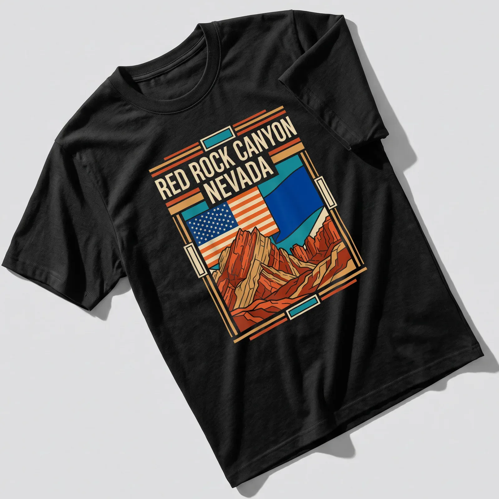 Retro graphic t-shirt featuring the Red Rock Canyon Nevada flag design — printed on a unisex t-shirt