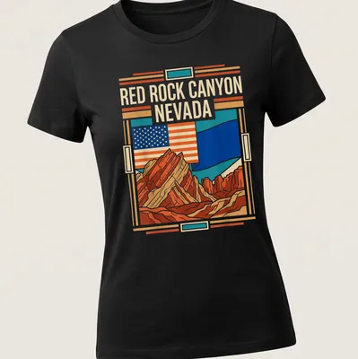 Retro graphic t-shirt featuring the Red Rock Canyon Nevada flag design — printed on a women's shirt