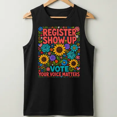 Colorful floral design with text urging civic engagement and voting — printed on a tank top