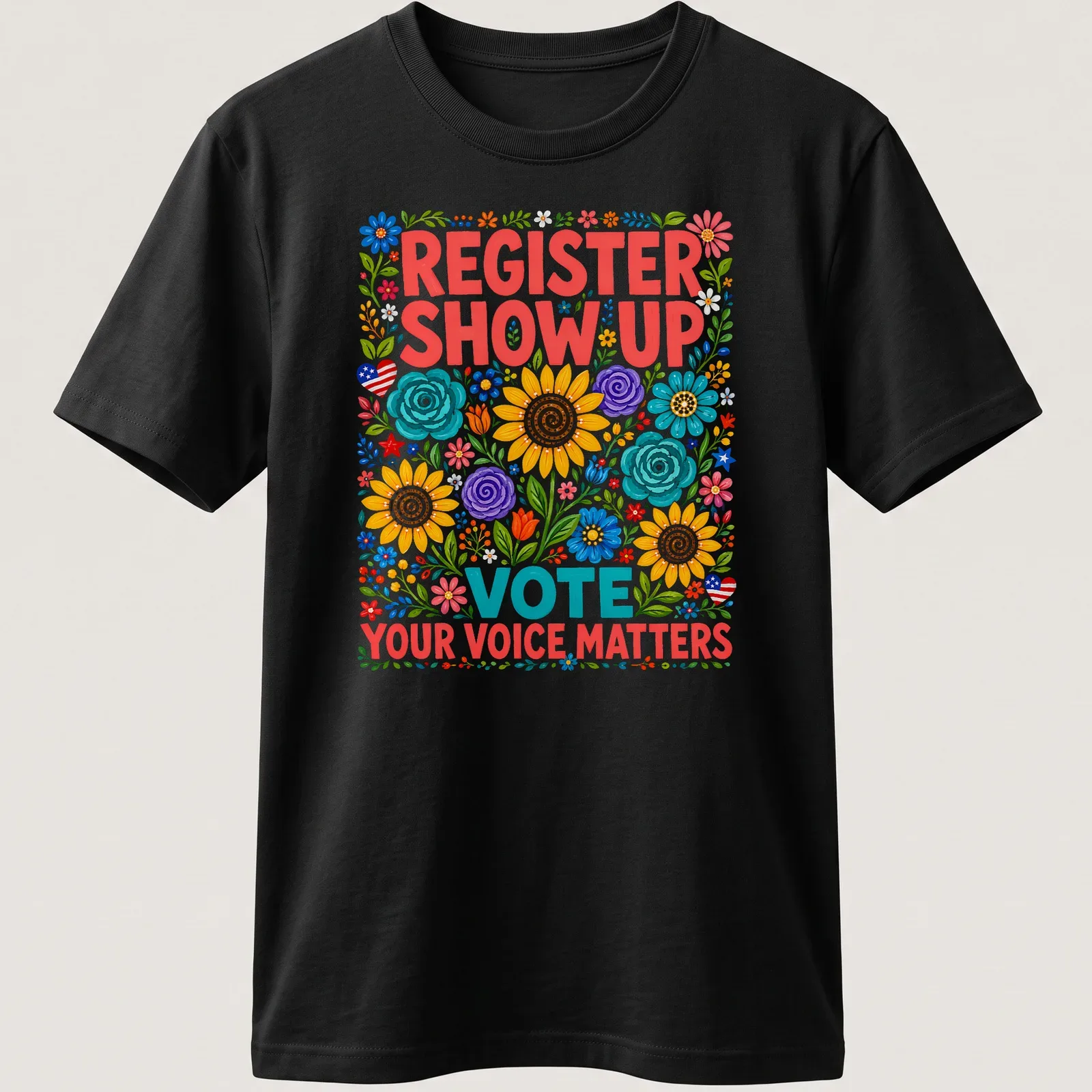 Colorful floral design with text urging civic engagement and voting — printed on a unisex t-shirt