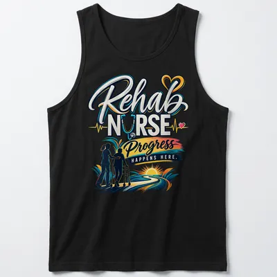 Vibrant t-shirt depicting a rehab nurse with a patient and colorful text about progress. — printed on a tank top