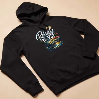 Vibrant t-shirt depicting a rehab nurse with a patient and colorful text about progress. — printed on a unisex hoodie
