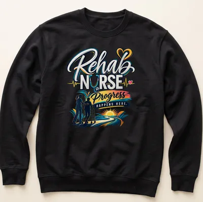Vibrant t-shirt depicting a rehab nurse with a patient and colorful text about progress. — printed on a unisex sweatshirt