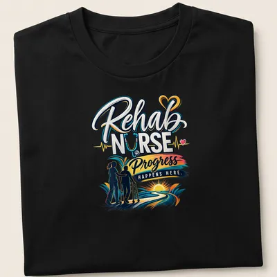 Vibrant t-shirt depicting a rehab nurse with a patient and colorful text about progress.