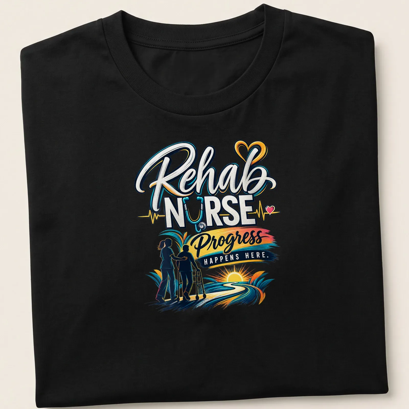Vibrant t-shirt depicting a rehab nurse with a patient and colorful text about progress. — printed on a unisex t-shirt