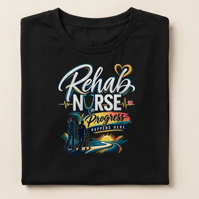 Vibrant t-shirt depicting a rehab nurse with a patient and colorful text about progress. — printed on a women's shirt