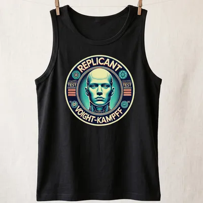 Retro sci-fi t-shirt featuring a replicant and Voight-Kampff test text in bold colors — printed on a tank top