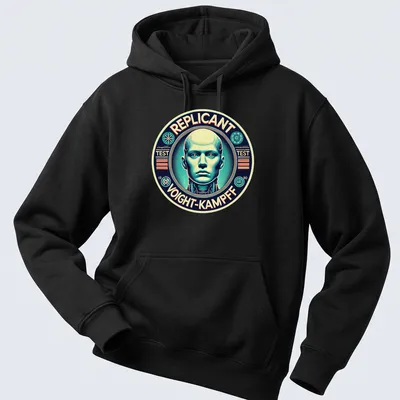 Retro sci-fi t-shirt featuring a replicant and Voight-Kampff test text in bold colors — printed on a unisex hoodie