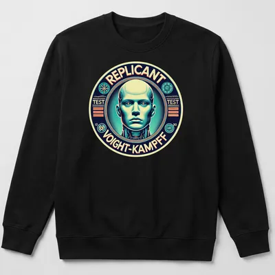 Retro sci-fi t-shirt featuring a replicant and Voight-Kampff test text in bold colors — printed on a unisex sweatshirt