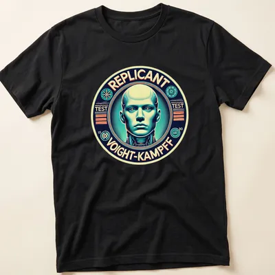 Retro sci-fi t-shirt featuring a replicant and Voight-Kampff test text in bold colors