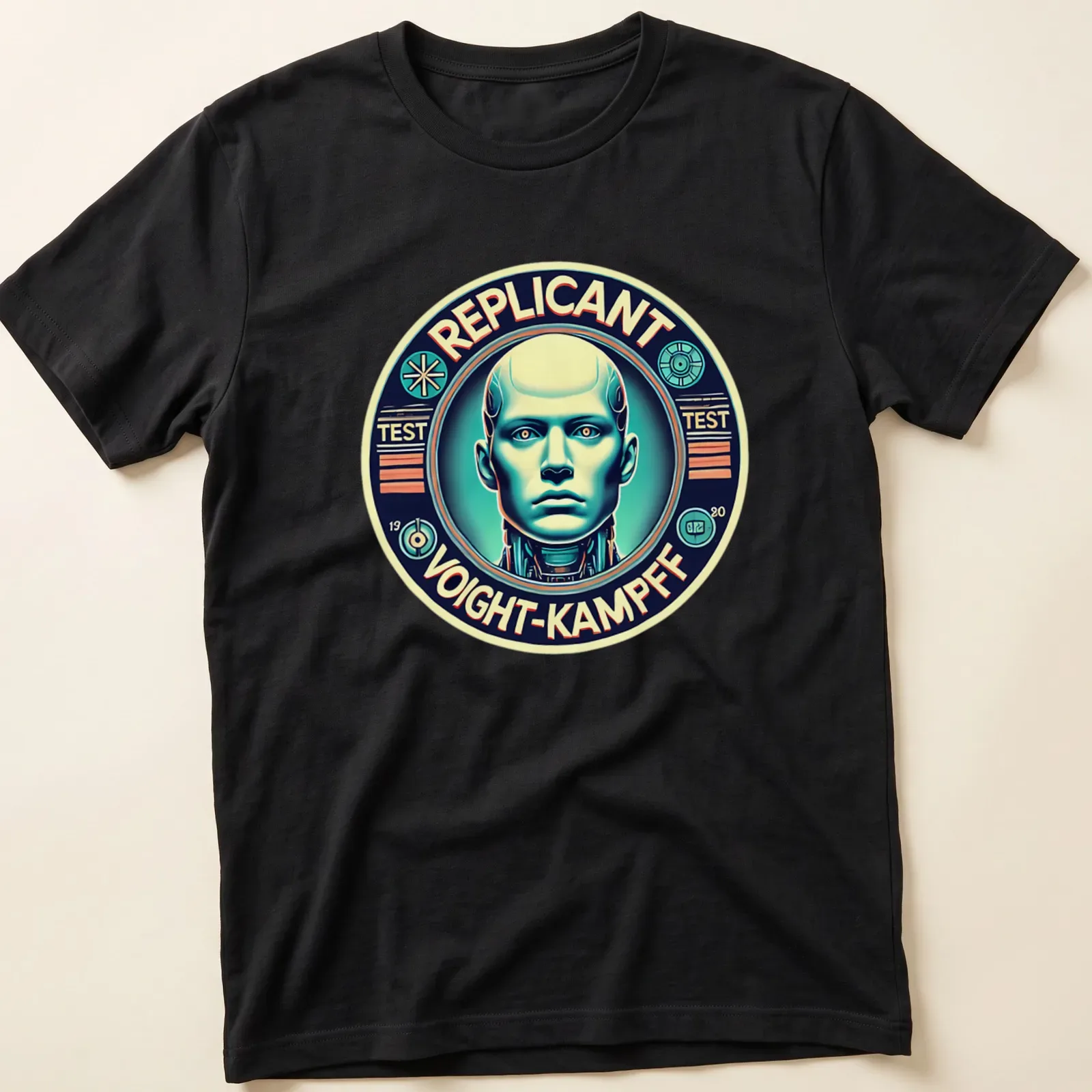 Retro sci-fi t-shirt featuring a replicant and Voight-Kampff test text in bold colors — printed on a unisex t-shirt