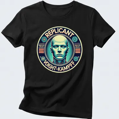 Retro sci-fi t-shirt featuring a replicant and Voight-Kampff test text in bold colors — printed on a women's shirt