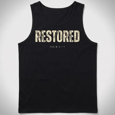 Bold distressed Christian shirt featuring the text RESTORED PSALM 51:12. — printed on a tank top